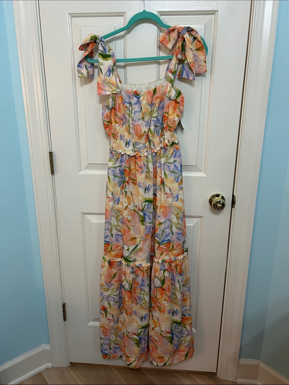 Chelsea28 Tie-Shoulder Floral Maxi in Peach, Green & Blue